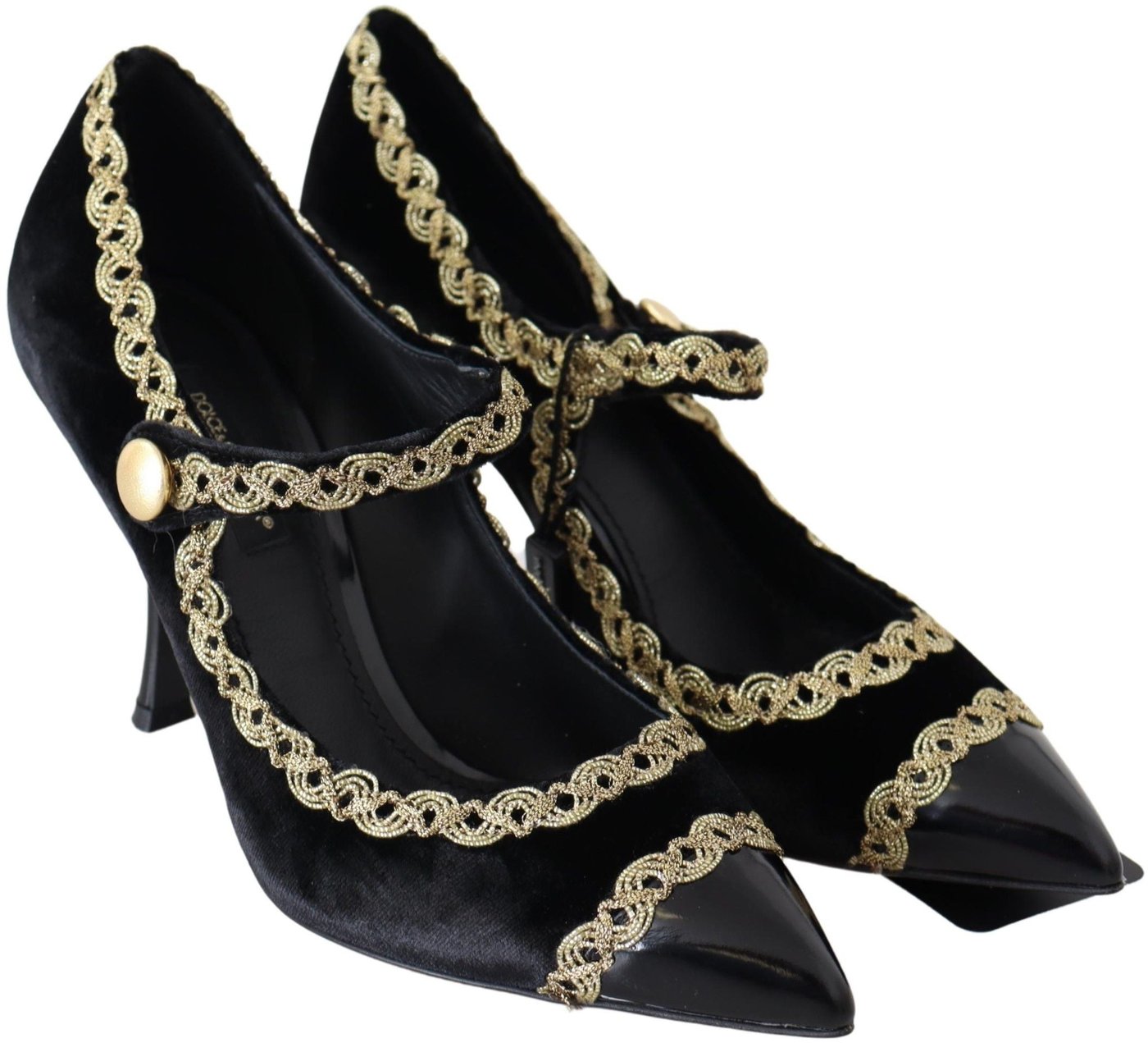 Dolce & Gabbana Black Velvet Gold Mary Janes Pumps