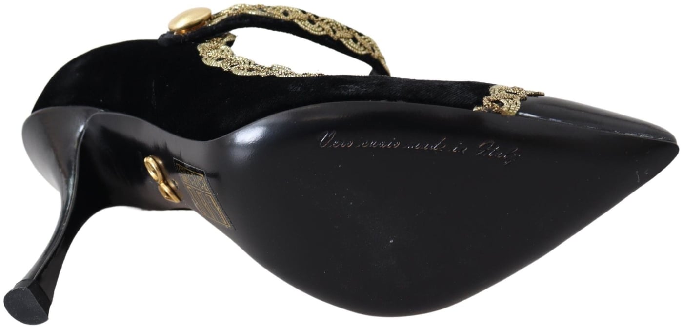 Dolce & Gabbana Black Velvet Gold Mary Janes Pumps