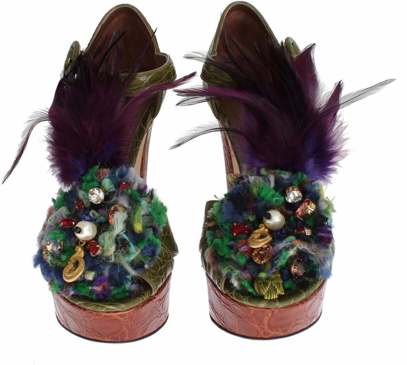 Dolce & Gabbana Green Leather Crystal Platform Sandal Shoes
