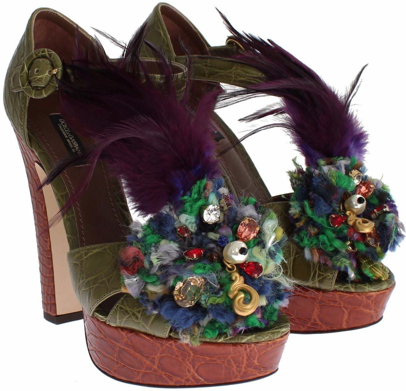 Dolce & Gabbana Green Leather Crystal Platform Sandal Shoes