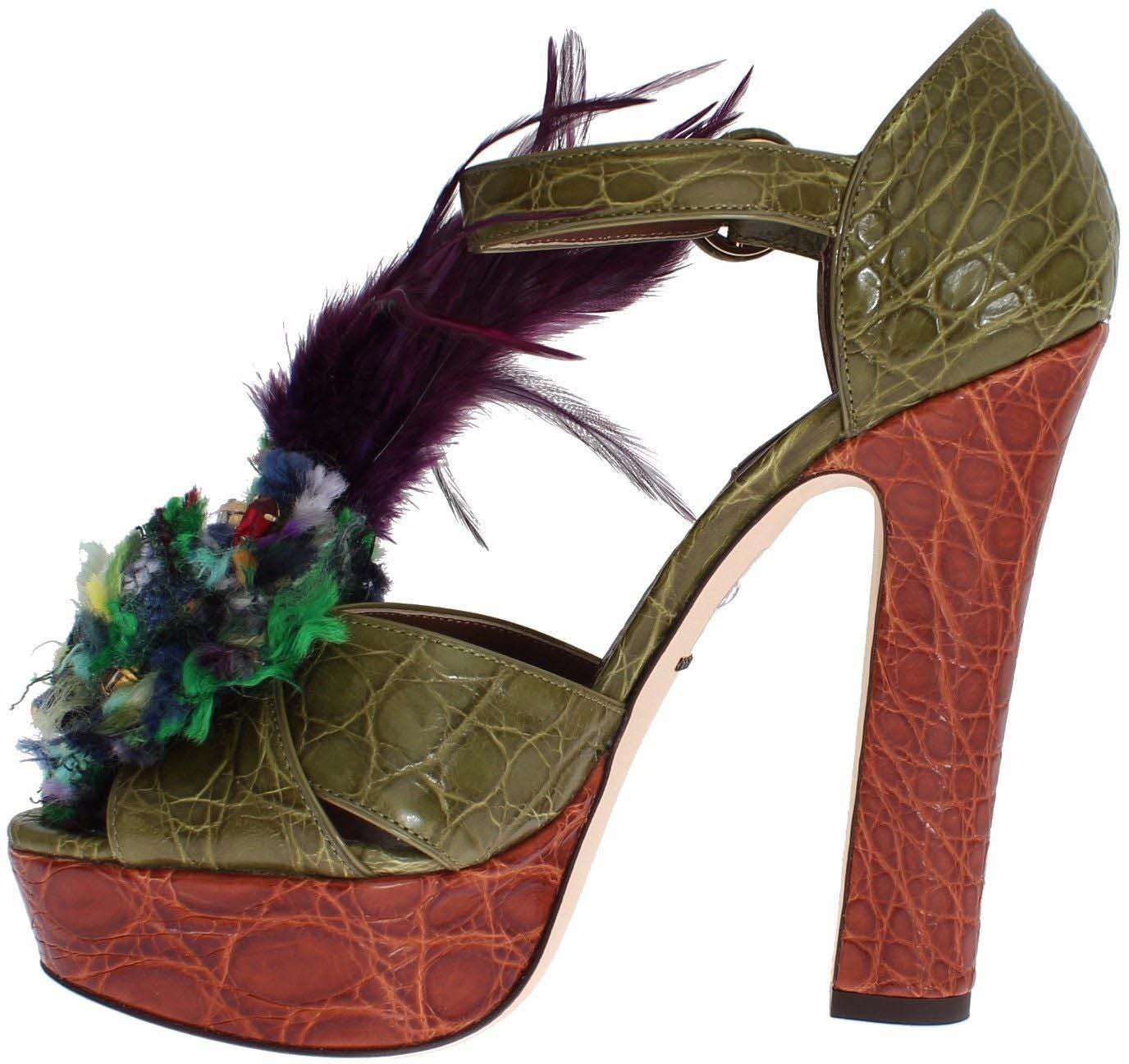 Dolce & Gabbana Green Leather Crystal Platform Sandal Shoes
