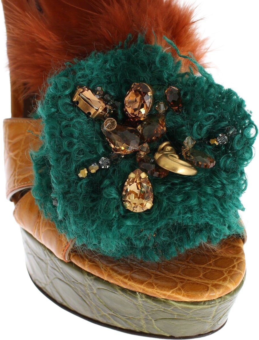 Dolce & Gabbana Orange Leather Crystal Platform Sandal Shoes