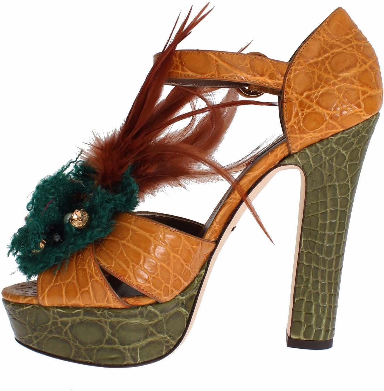 Dolce & Gabbana Orange Leather Crystal Platform Sandal Shoes