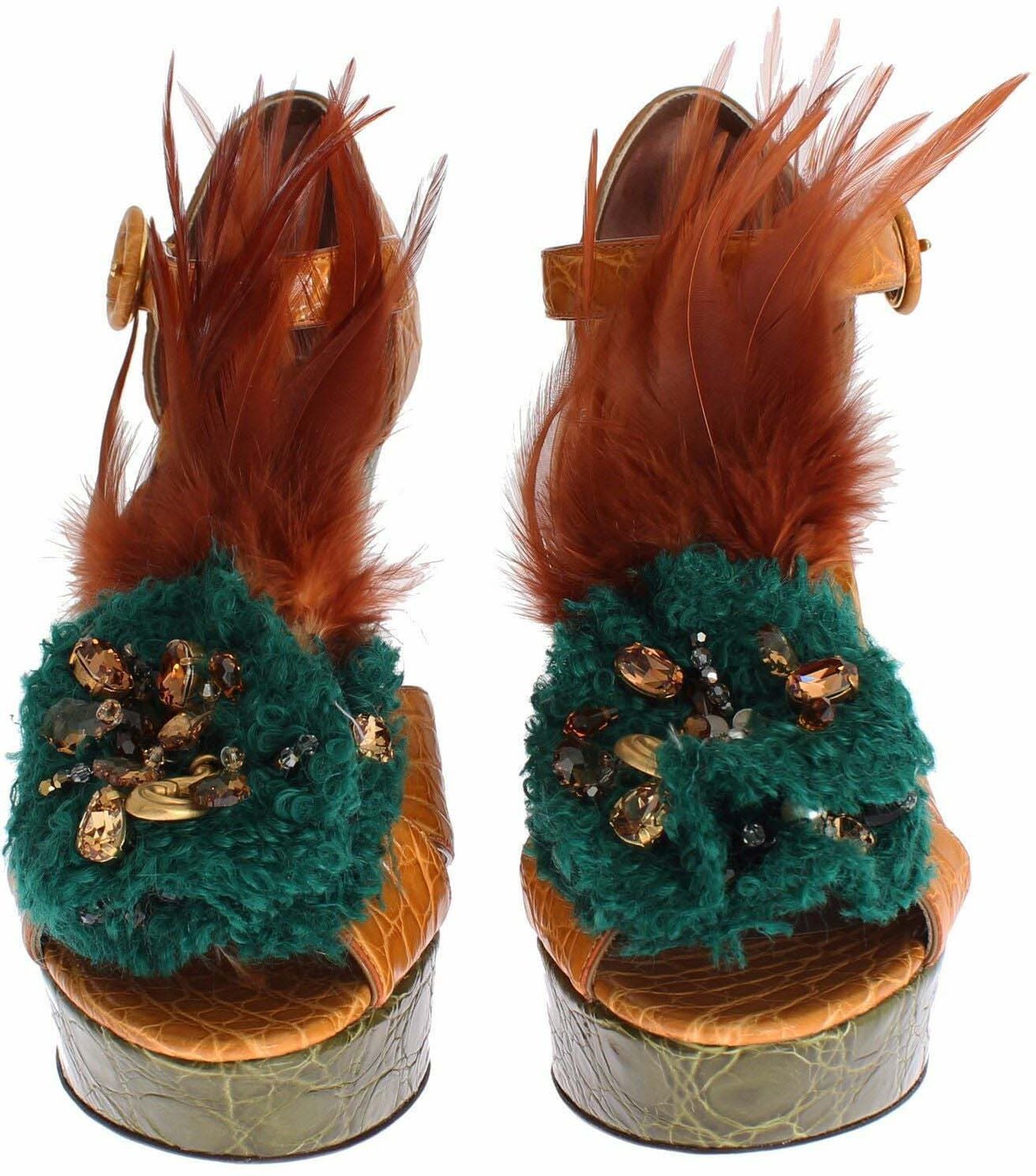 Dolce & Gabbana Orange Leather Crystal Platform Sandal Shoes