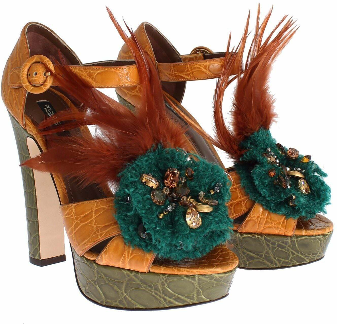 Dolce & Gabbana Orange Leather Crystal Platform Sandal Shoes