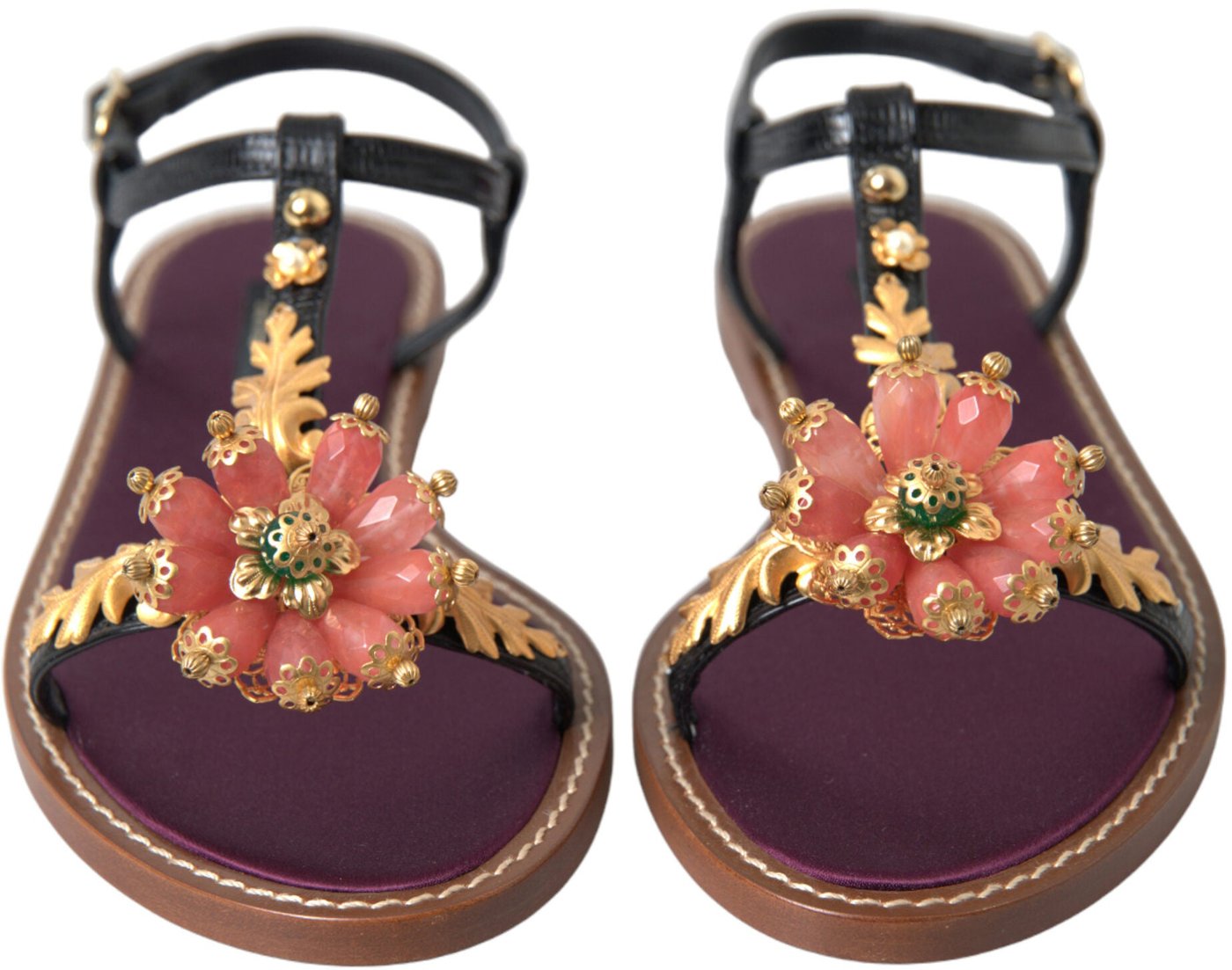 Dolce & Gabbana Black Crystal Gold Sandals Leather Shoes
