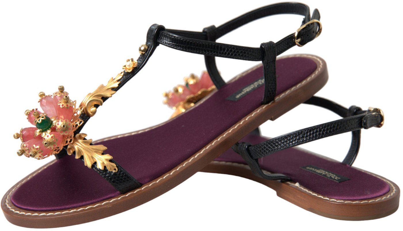 Dolce & Gabbana Black Crystal Gold Sandals Leather Shoes