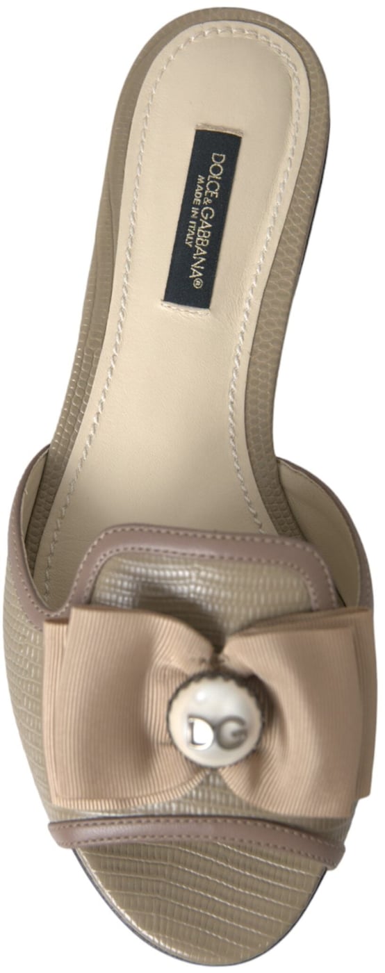 Dolce & Gabbana Beige Logo Pearl Flats Sandals Slides Shoes
