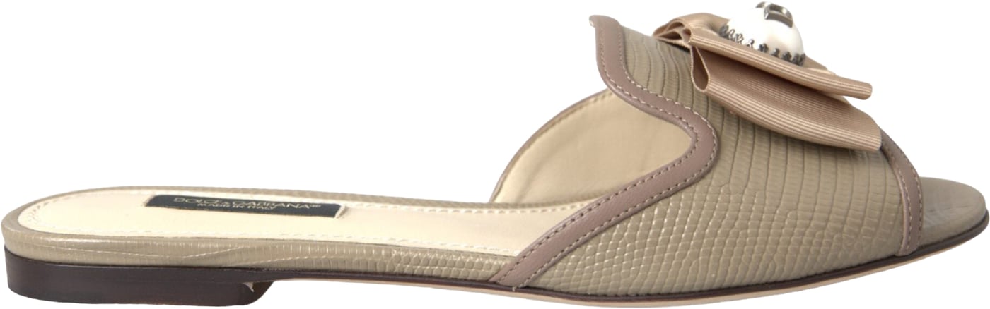 Dolce & Gabbana Beige Logo Pearl Flats Sandals Slides Shoes