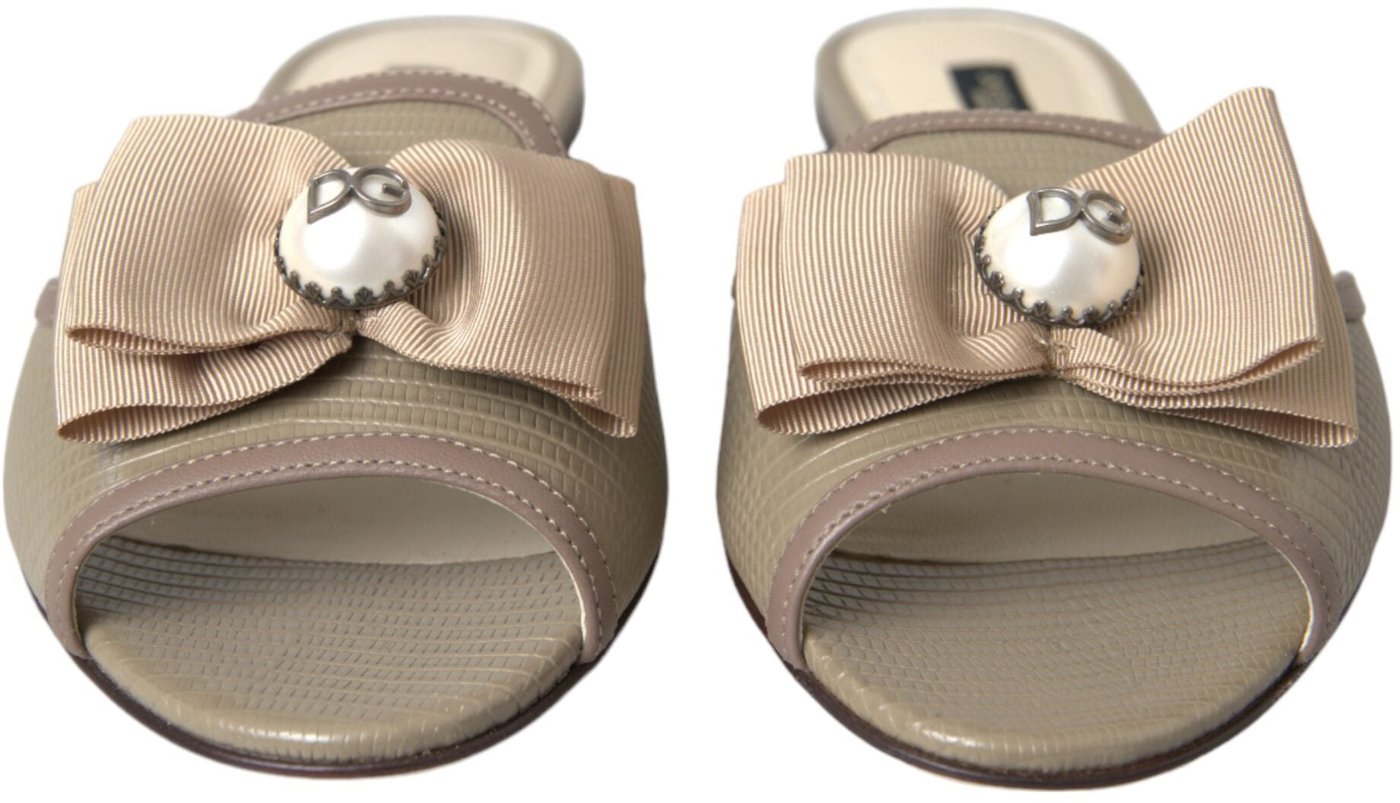 Dolce & Gabbana Beige Logo Pearl Flats Sandals Slides Shoes