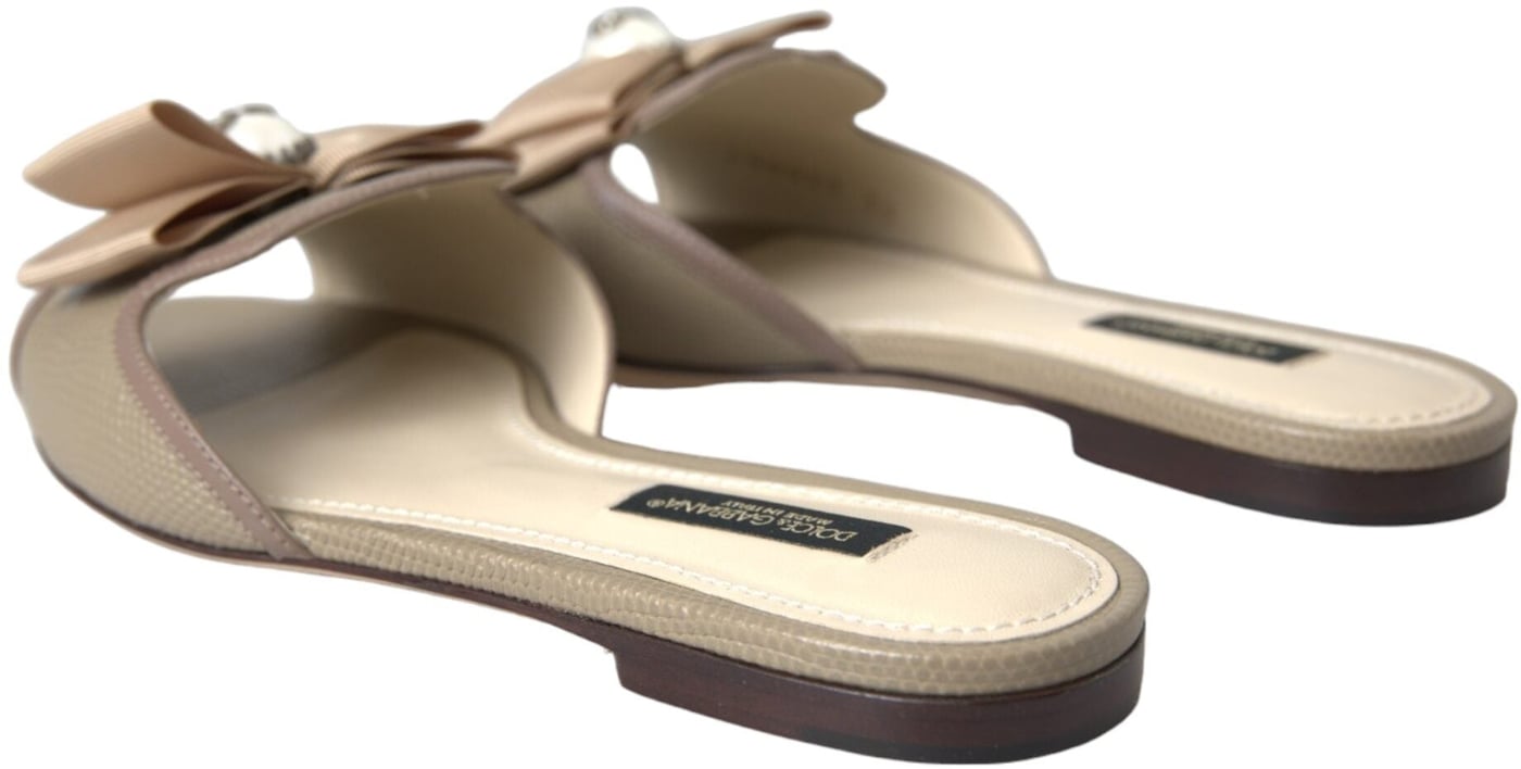 Dolce & Gabbana Beige Logo Pearl Flats Sandals Slides Shoes