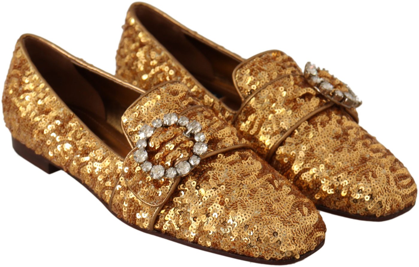 Dolce & Gabbana Gold Sequin Crystal Flat Women Loafers Shoes