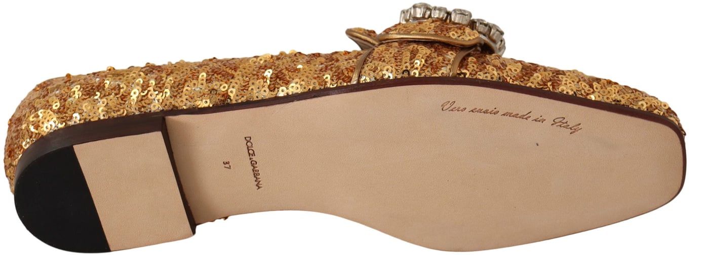 Dolce & Gabbana Gold Sequin Crystal Flat Women Loafers Shoes
