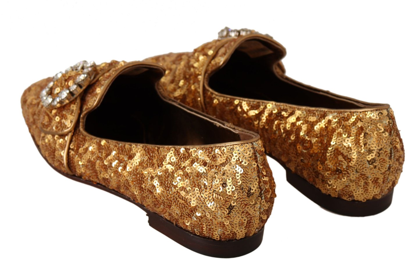 Dolce & Gabbana Gold Sequin Crystal Flat Women Loafers Shoes