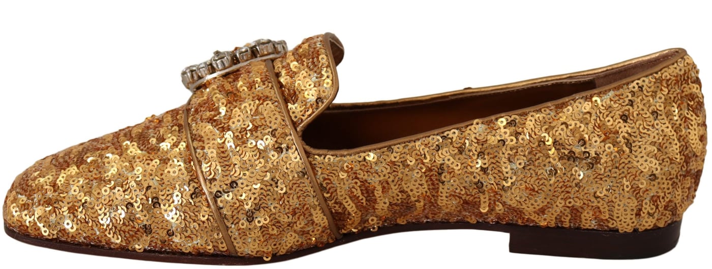 Dolce & Gabbana Gold Sequin Crystal Flat Women Loafers Shoes