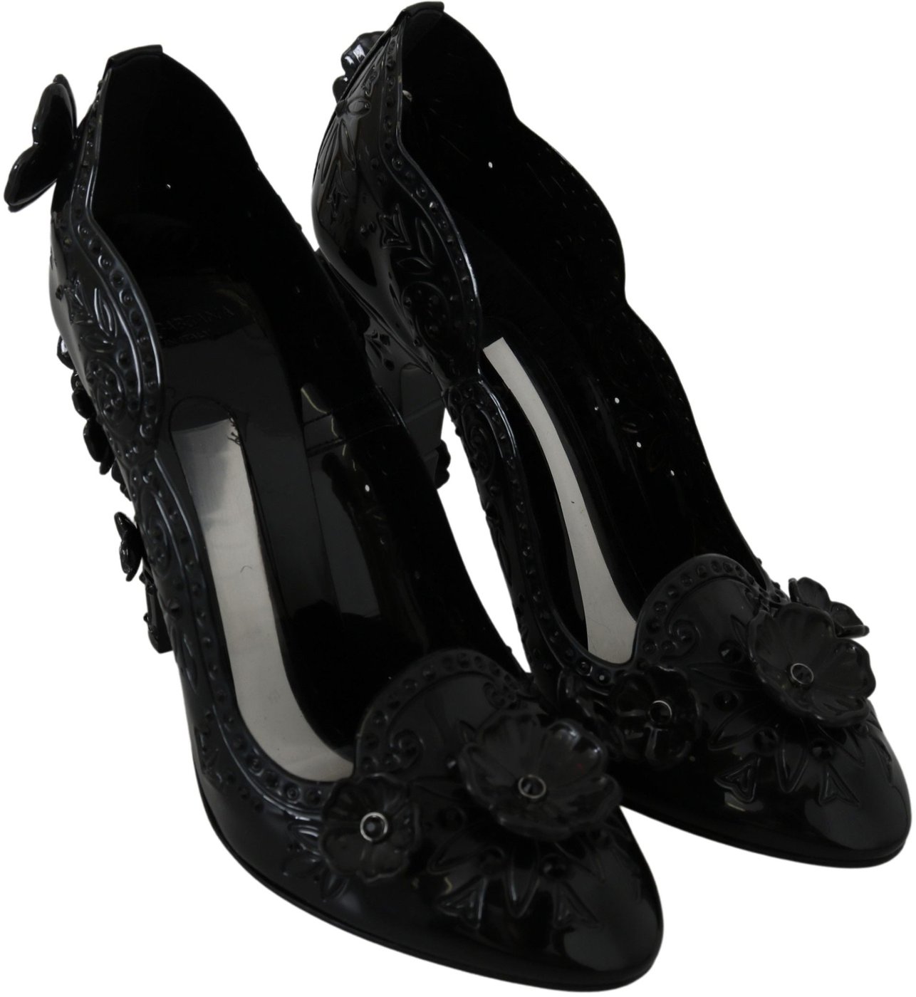 Dolce & Gabbana Black Floral Crystal CINDERELLA Heels Shoes