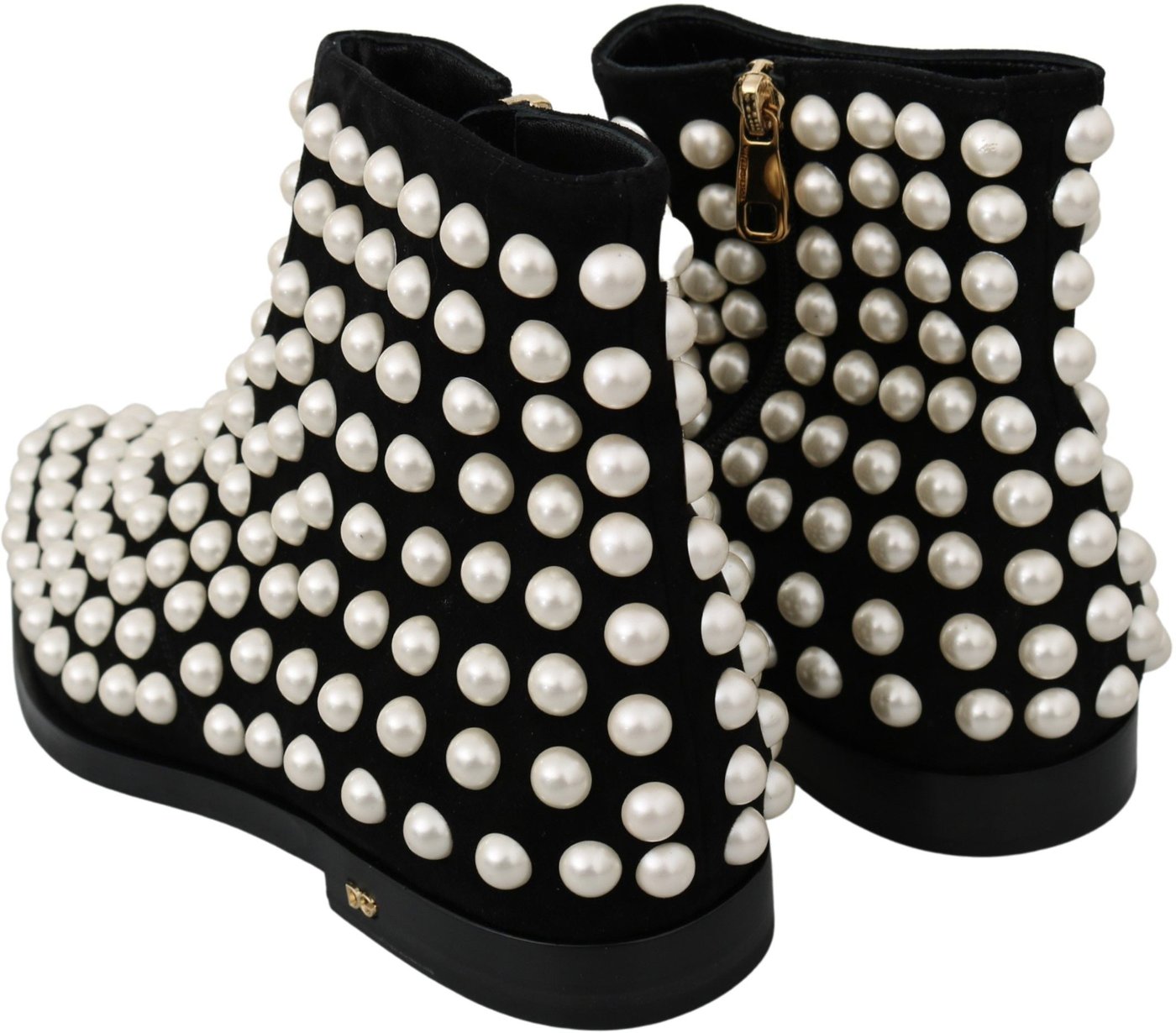 Dolce & Gabbana Black Suede Pearl Studs Boots Shoes