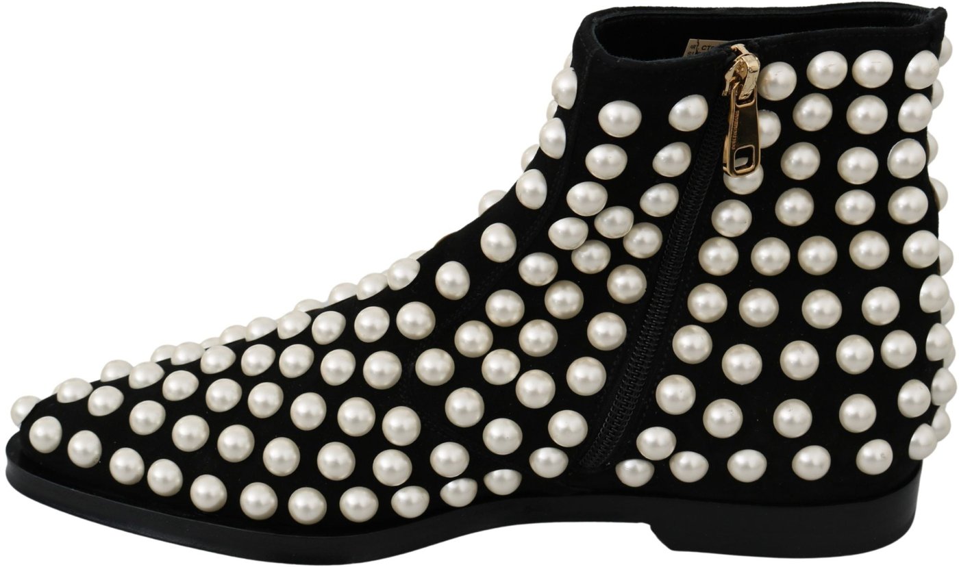 Dolce & Gabbana Black Suede Pearl Studs Boots Shoes