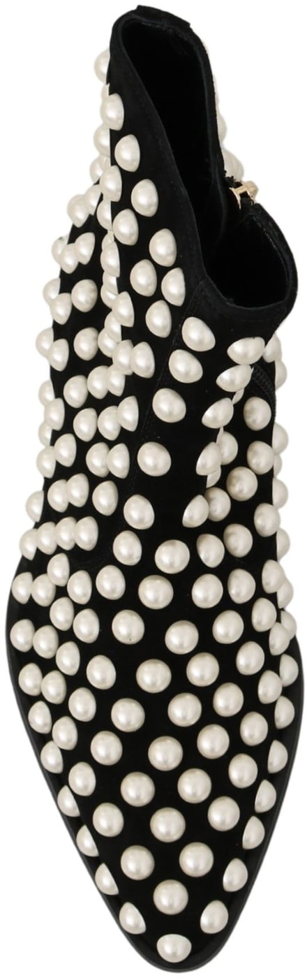 Dolce & Gabbana Black Suede Pearl Studs Boots Shoes