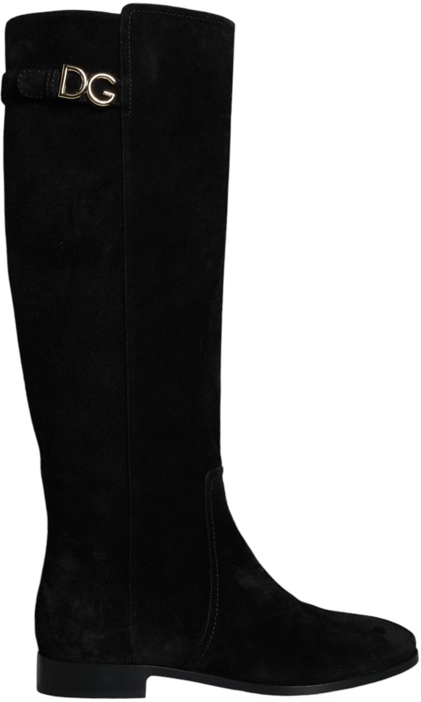 Dolce & Gabbana Black Suede Leather Knee High Boots Shoes