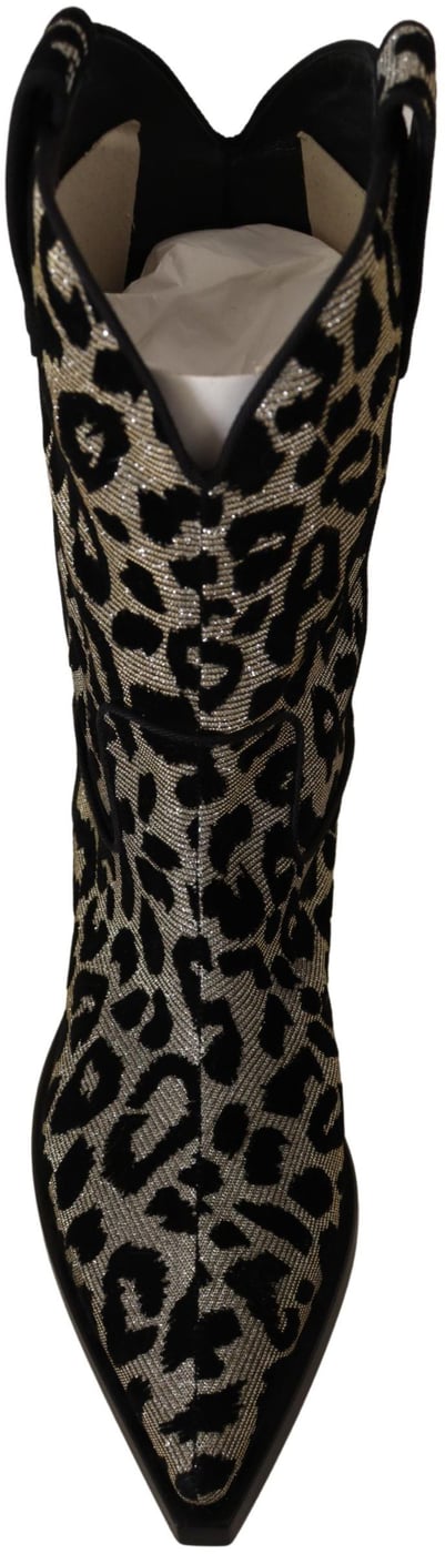 Dolce & Gabbana Gray Black Leopard Cowboy Boots Shoes