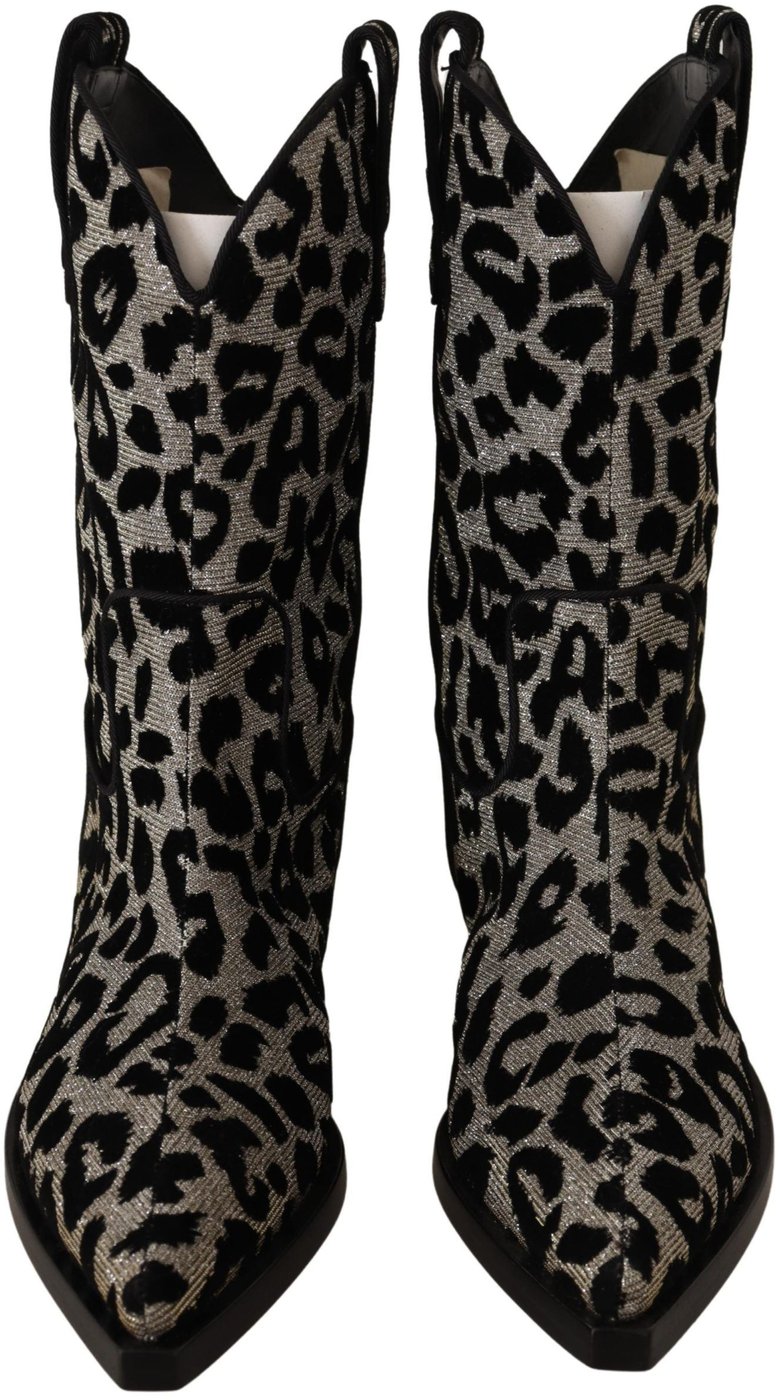 Dolce & Gabbana Gray Black Leopard Cowboy Boots Shoes