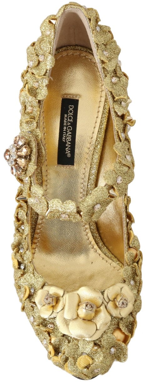 Dolce & Gabbana Gold Floral Crystal Mary Janes Pumps