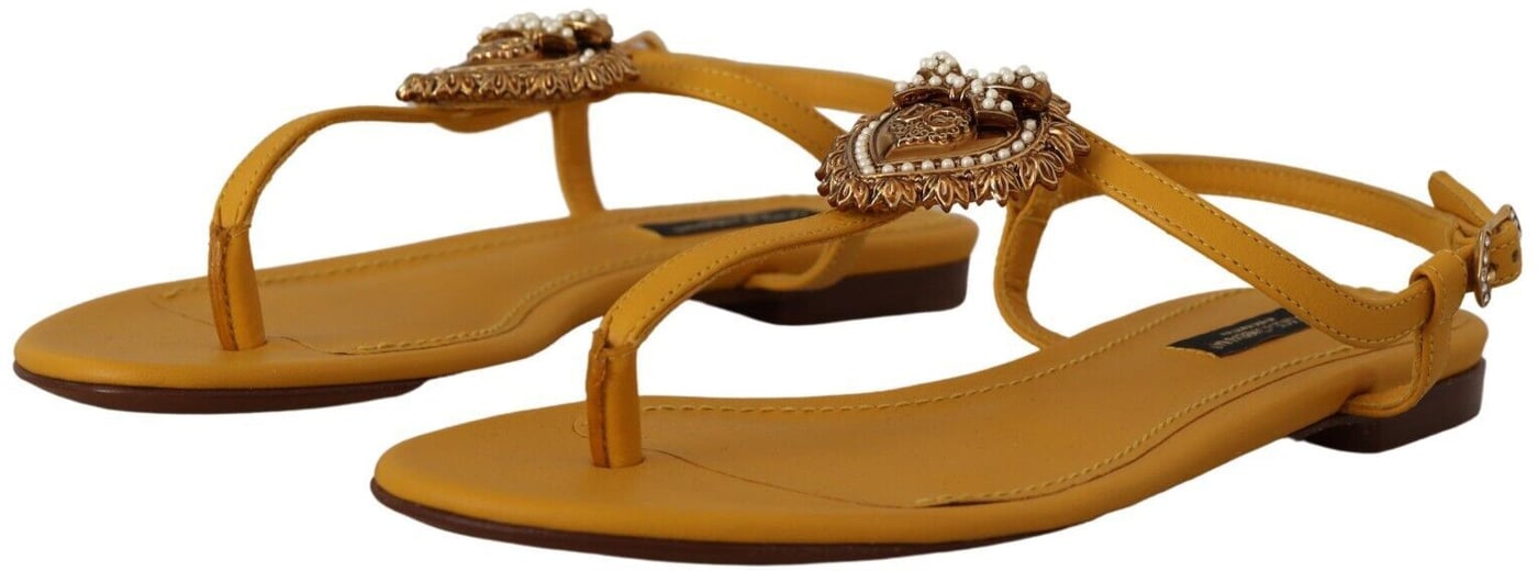Dolce & Gabbana Mustard Leather Devotion Flats Sandals Shoes