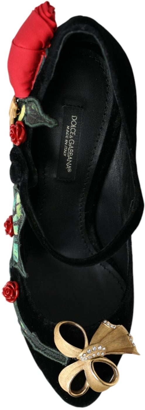 Dolce & Gabbana Black Roses Crystal Brooch Mary Jane Shoes