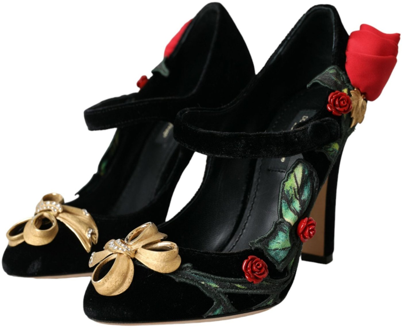 Dolce & Gabbana Black Roses Crystal Brooch Mary Jane Shoes