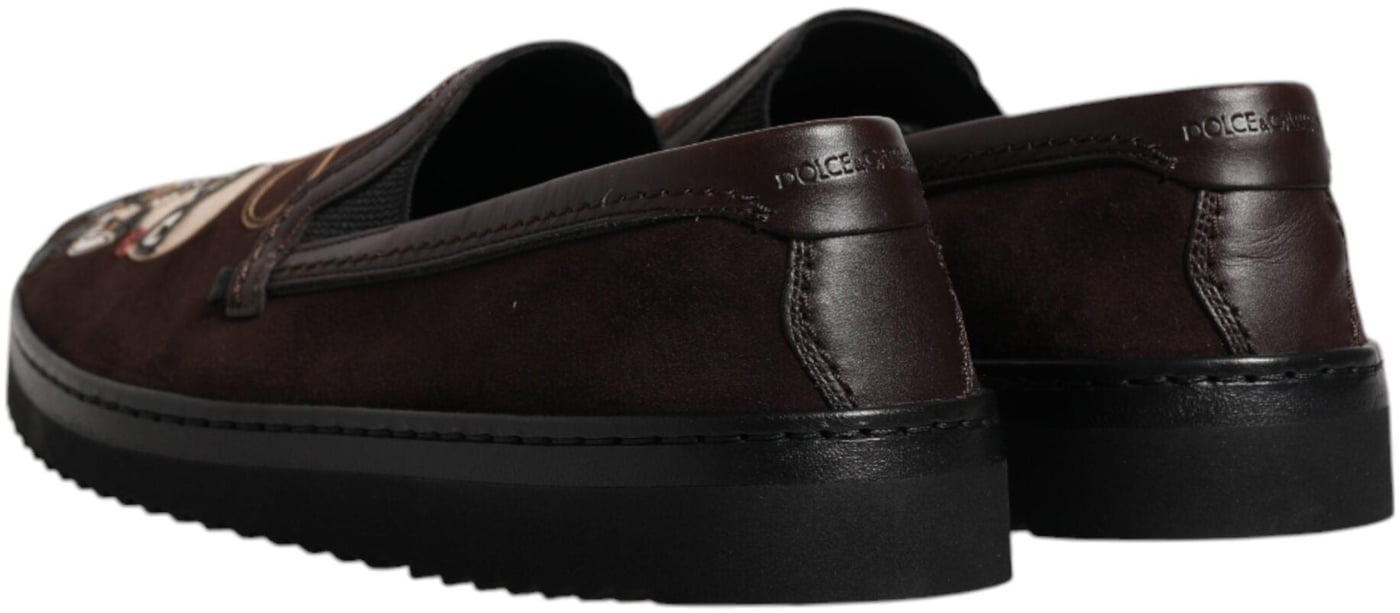 Dolce & Gabbana Brown Suede DG Family Slip On Flats Shoes