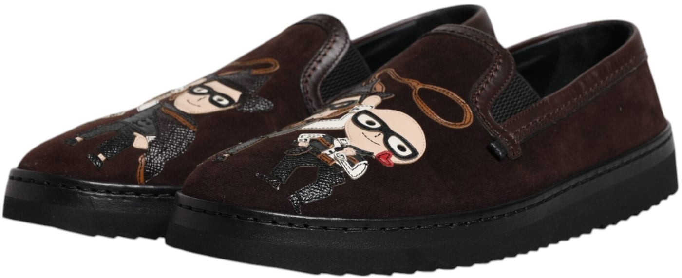 Dolce & Gabbana Brown Suede DG Family Slip On Flats Shoes