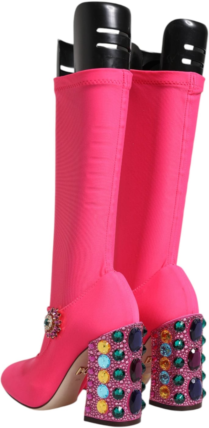 Dolce & Gabbana Pink Nylon Crystal Vally High Boots Shoes
