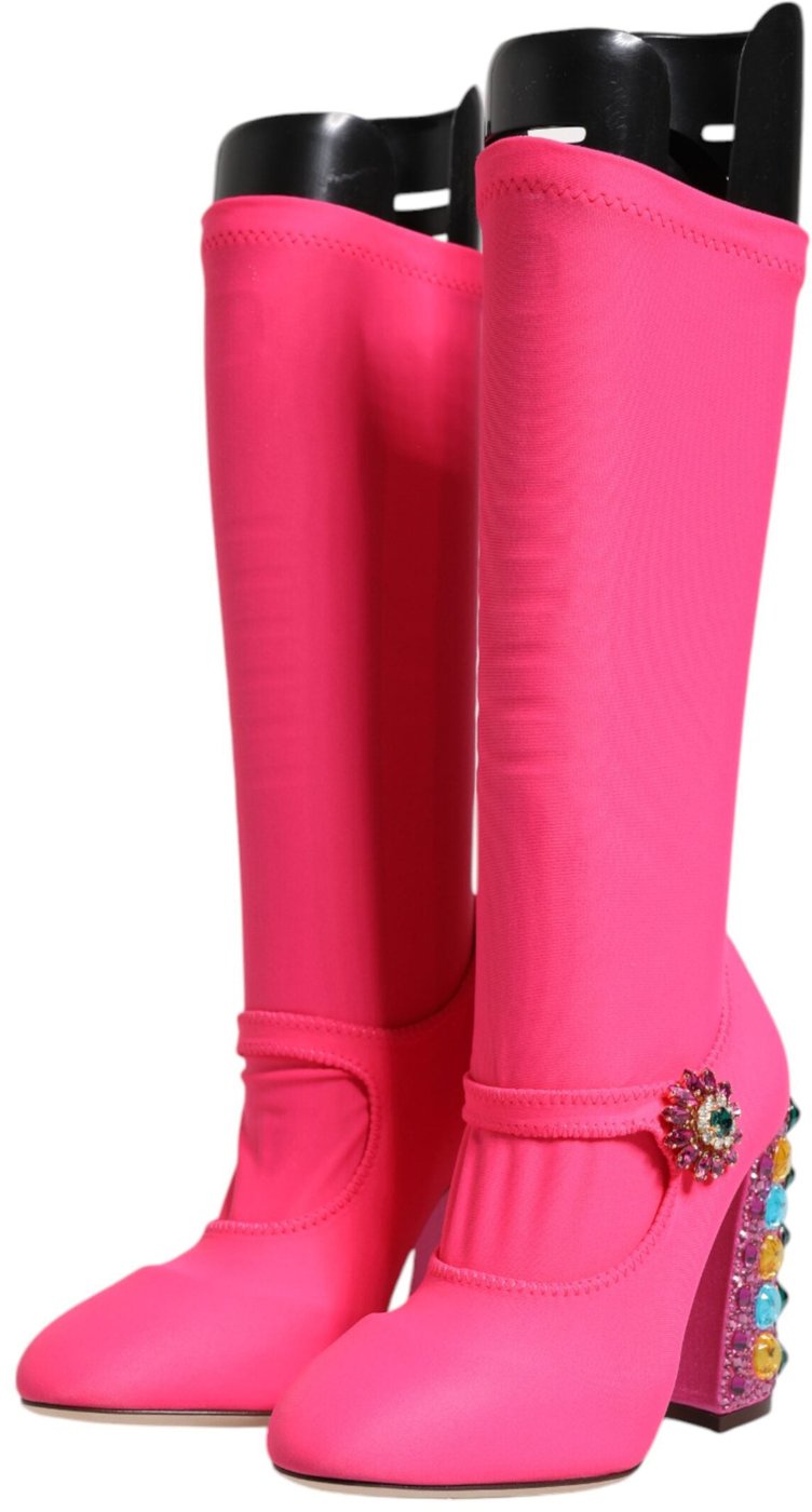 Dolce & Gabbana Pink Nylon Crystal Vally High Boots Shoes