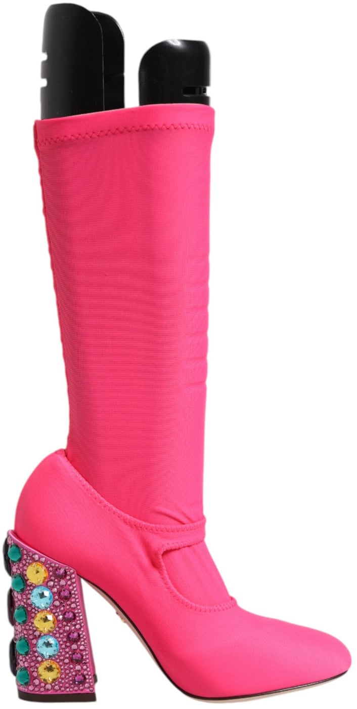 Dolce & Gabbana Pink Nylon Crystal Vally High Boots Shoes