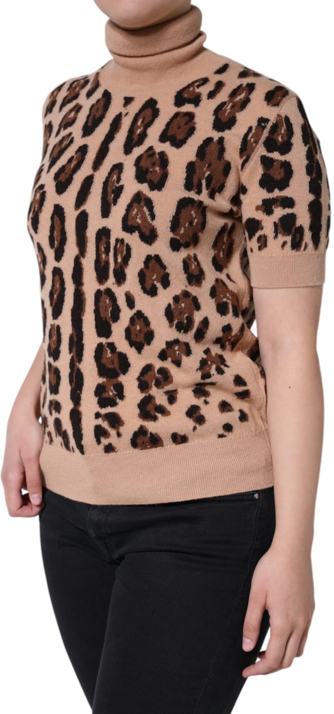 Dolce & Gabbana Beige Leopard Print Wool Turtleneck Top