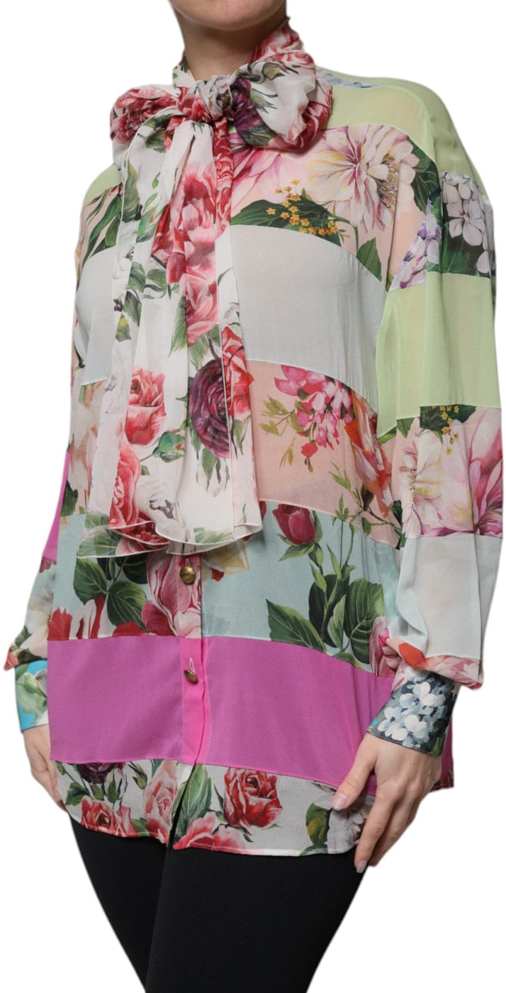 Dolce & Gabbana Multicolor Floral Patchwork Ascot Collar Top
