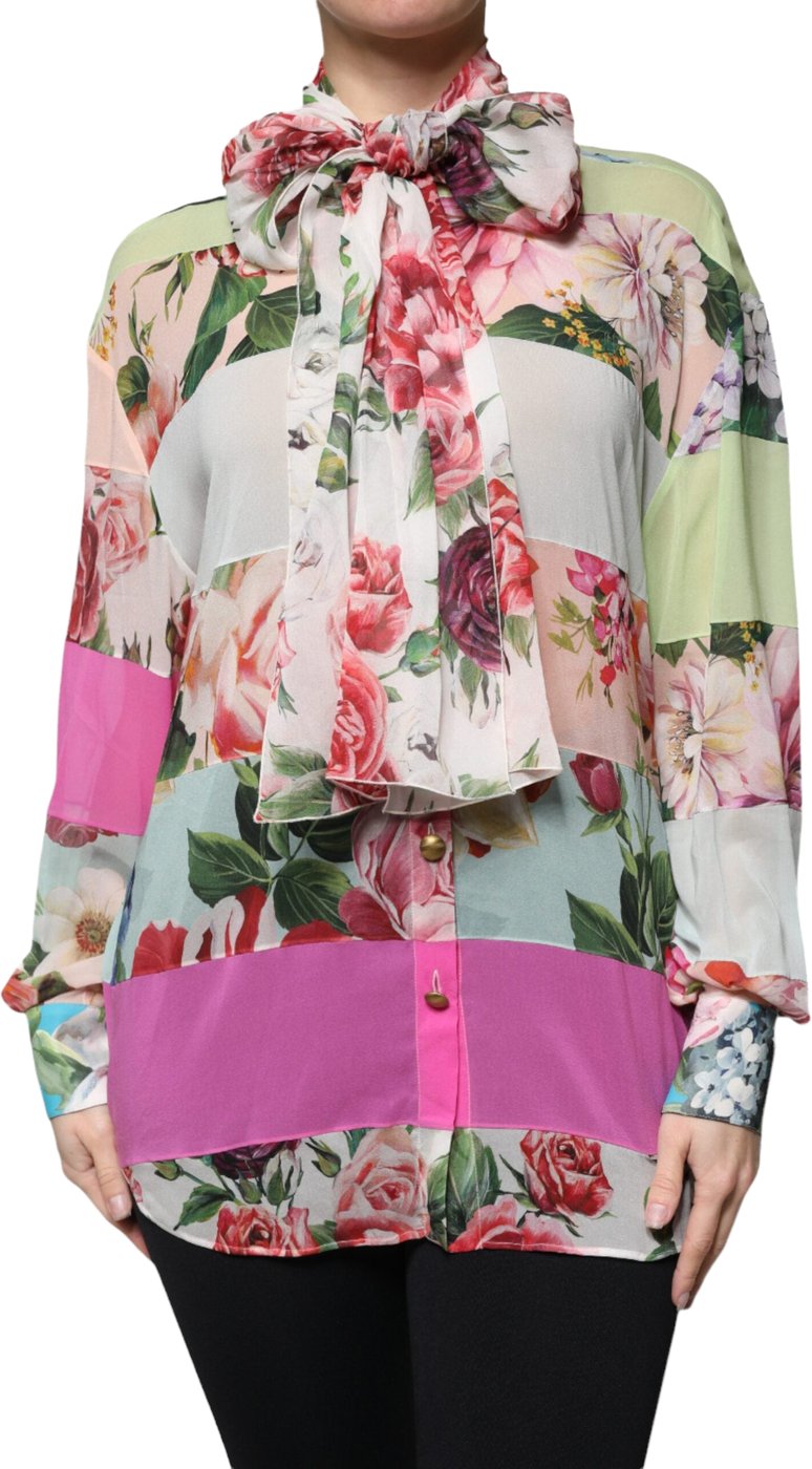 Dolce & Gabbana Multicolor Floral Patchwork Ascot Collar Top