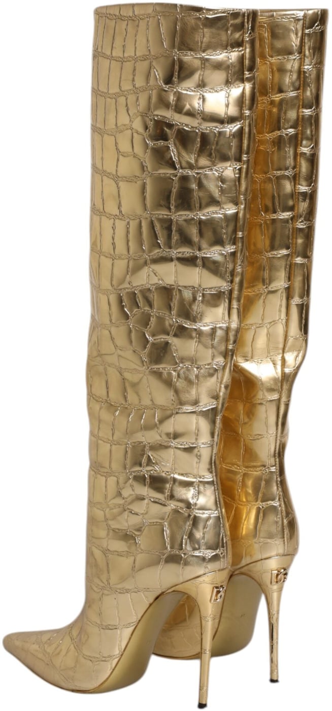 Dolce & Gabbana Gold Leather Stiletto Heels High Boots Shoes
