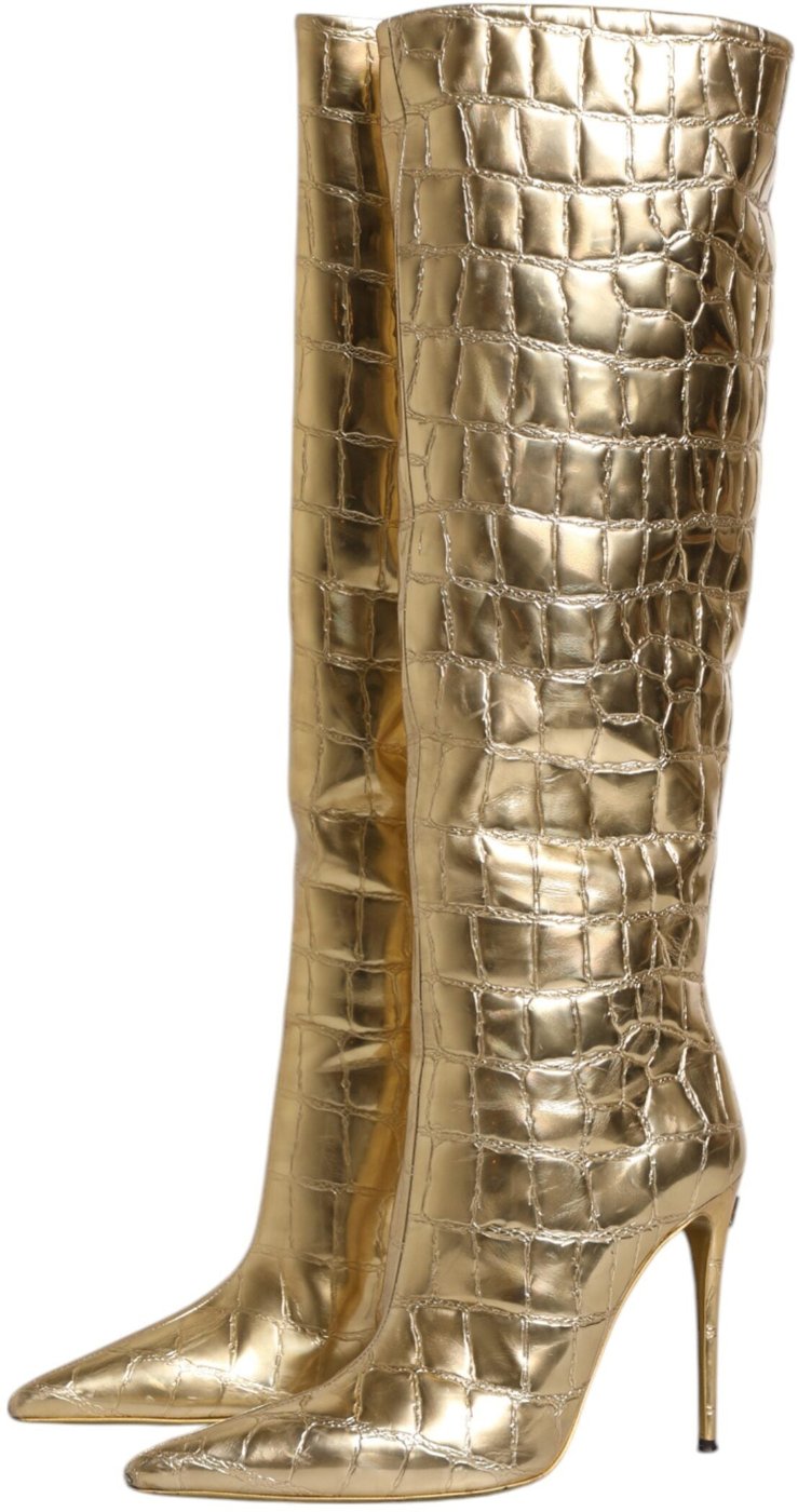 Dolce & Gabbana Gold Leather Stiletto Heels High Boots Shoes