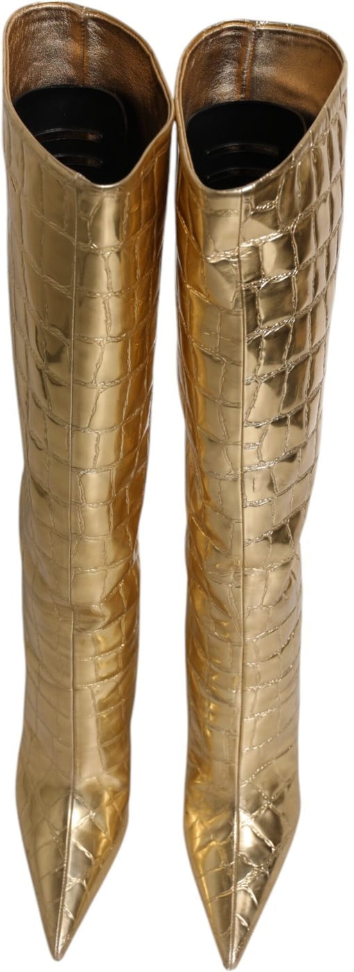 Dolce & Gabbana Gold Leather Stiletto Heels High Boots Shoes