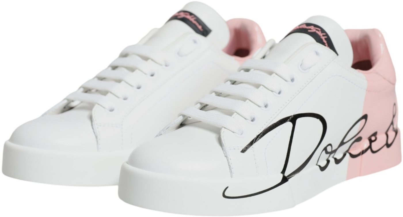 Dolce & Gabbana White Pink Portofino Low Top Sneakers Shoes