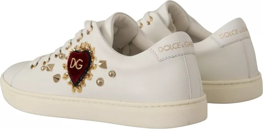 Dolce & Gabbana White Leather Gold Red Heart Sneakers Shoes