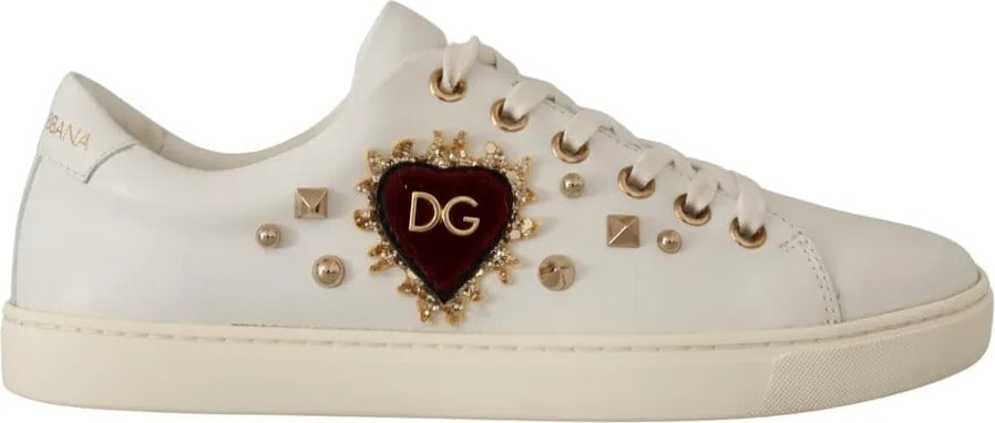 Dolce & Gabbana White Leather Gold Red Heart Sneakers Shoes