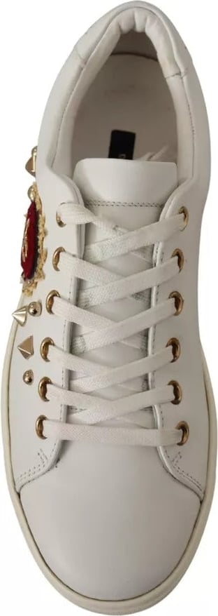 Dolce & Gabbana White Leather Gold Red Heart Sneakers Shoes