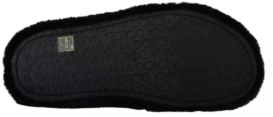 Dolce & Gabbana Black Polyester Faux Fur Mens Flats Sandals Shoes