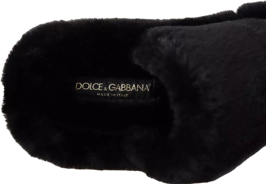 Dolce & Gabbana Black Polyester Faux Fur Mens Flats Sandals Shoes