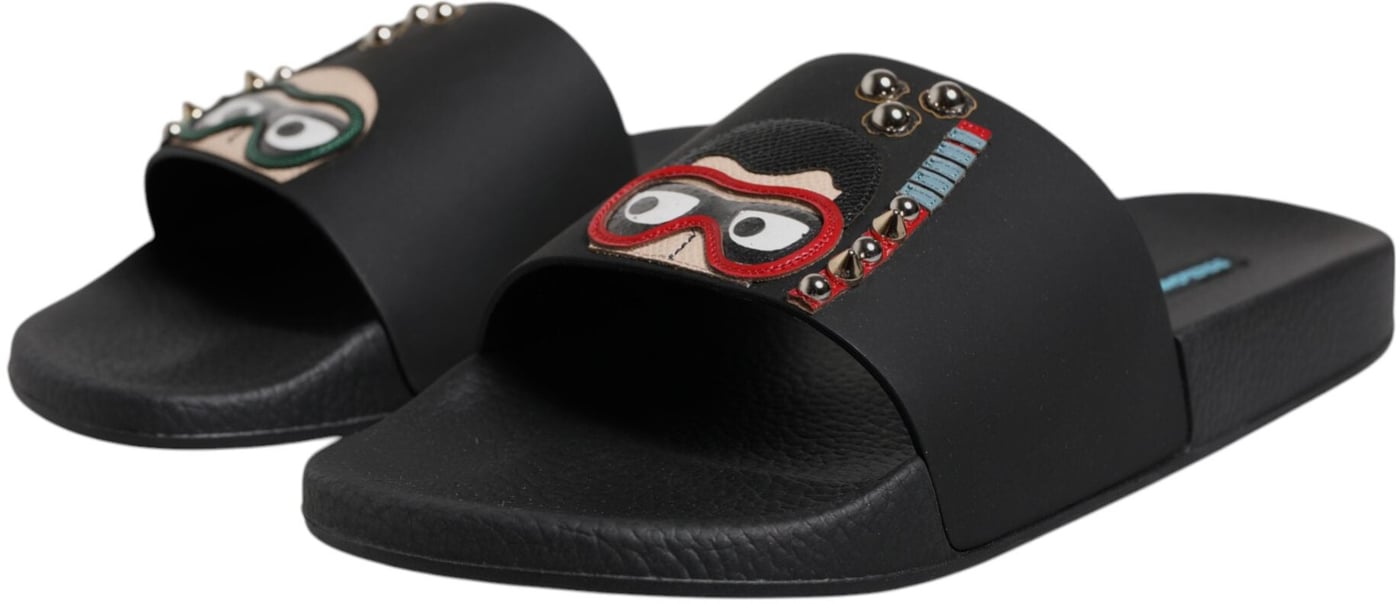 Dolce & Gabbana Black Divers Leather Flats Slides Sandals Beachwear Shoes