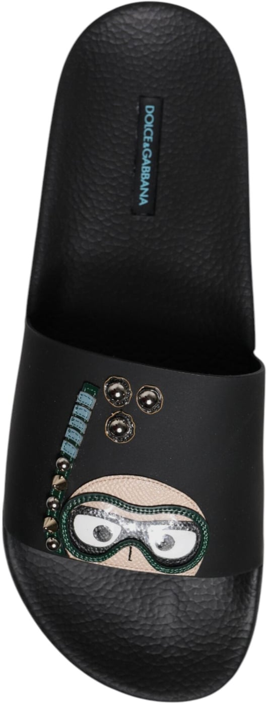 Dolce & Gabbana Black Divers Leather Flats Slides Sandals Beachwear Shoes