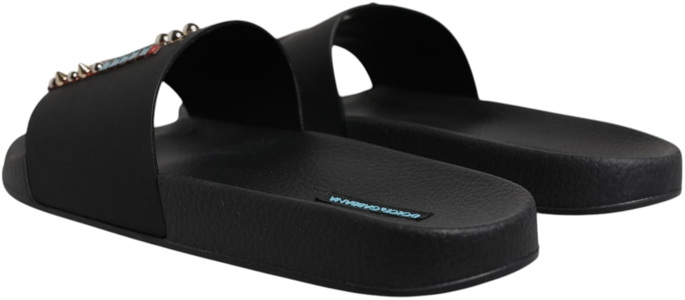 Dolce & Gabbana Black Divers Leather Flats Slides Sandals Beachwear Shoes